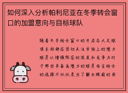 如何深入分析帕利尼亚在冬季转会窗口的加盟意向与目标球队