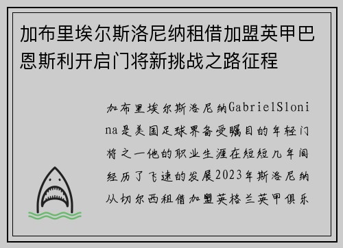 加布里埃尔斯洛尼纳租借加盟英甲巴恩斯利开启门将新挑战之路征程