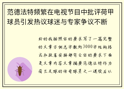 范德法特频繁在电视节目中批评荷甲球员引发热议球迷与专家争议不断